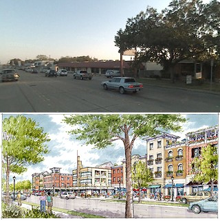 This is Duncanville, Texas – before and after. The after is simply a rendering of the development that would happen under the code. It is a result of the neighborhood asking how a local movie theatre would be designed and look under the form-based code on the corridor.