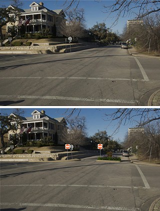 Nueces and Seventh Street, without diverters (above) and how the intersection would look with a traffic diverter (below)