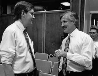 Despite the smiles, venom frequently flew between <i>Austin Chronicle</i> journalist Daryl Slusher (left) and Circle C developer Gary Bradley. Now a City Council member, Slusher has tried to bury the hatchet with Bradley by negotiating a settlement deal.